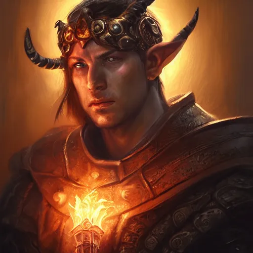 Prompt: portrait of a tiefling paladin with a flaming sword in his hands. Epic fantasy. beautiful. face symetric cinematic top lighting, insanely detailed and intricate, face by wlop, Charlie Bowater, golden ratio, symmetric, elegant, ornate, luxury, elite, matte painting, cinematic, trending on artstation, deviantart and cgsociety, 8k, high resolution