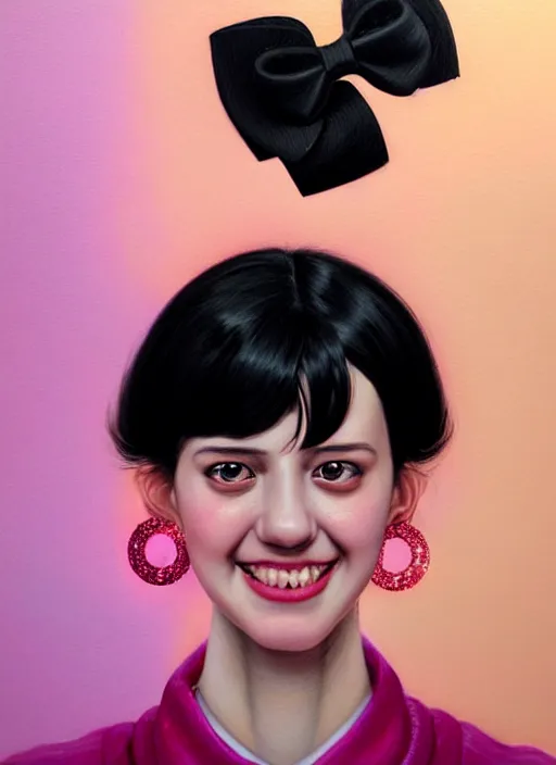 Image similar to portrait of high school girl, realistic, black hair, bangs, half updo hairstyle, pointy nose, skinny, smile, ugly, defined jawline, big chin, pink hair bow, earrings, intricate, elegant, glowing lights, highly detailed, digital painting, artstation, sharp focus, illustration, art by wlop, mars ravelo and greg rutkowski