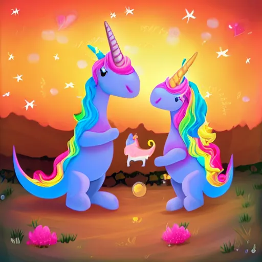 Prompt: a beautiful baby Dino on a date with a unicorn