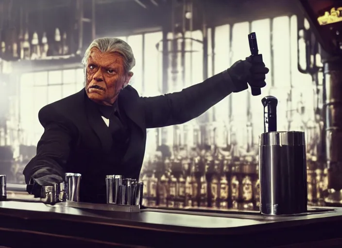 Image similar to film still of Darth Vader working as a bartender in the new Star Wars movie, 4k