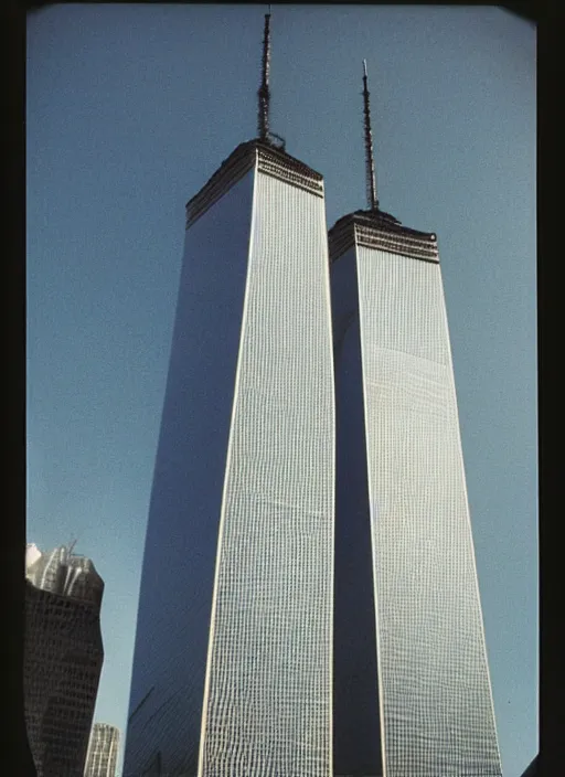 Prompt: 1 9 9 0 s polaroid of the twin towers wtc, as plane flies overhead