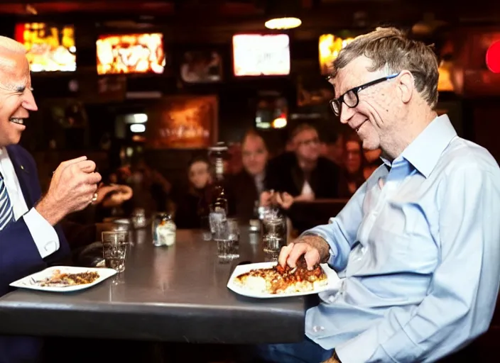 Image similar to Joe Biden and Bill gates, having dinner at a Dive bar restaurant, award winning cinematic photography, 50 mm, blurred background, trending on twitter