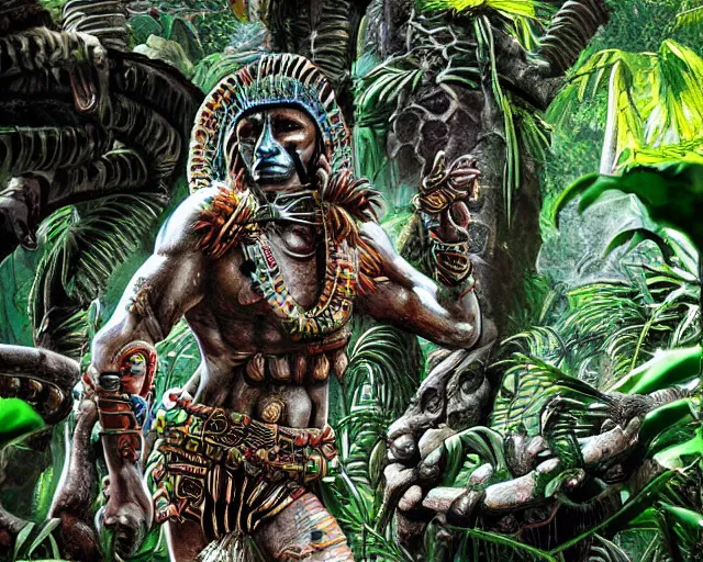 Prompt: mayan jaguar warrior exploring an alien jungle las pozas, 1 9 6 0's sci - fi, lofi technology, deep aesthetic colors, 8 k, highly ornate intricate details, extreme detail, antonin gaudi & edward james