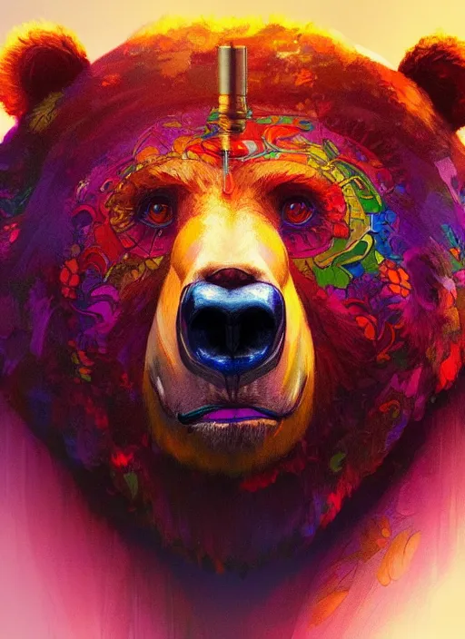 Image similar to portrait of anthropomorphic bear, colorful, highly detailed, digital painting, artstation, concept art, smooth, sharp focus, illustration, art by artgerm and greg rutkowski and alphonse mucha