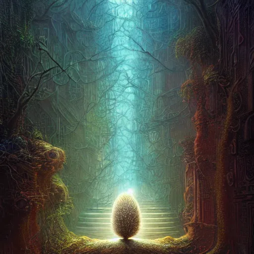 Image similar to lonely hedgehog tree opalescent walkway quantum digital art matte painting hyper realism sharp focus intricate details by tomasz alen kopera, victo ngai, greg rutkowski, tim white, beksinski, artgerm, paul lehr, andreas rocha