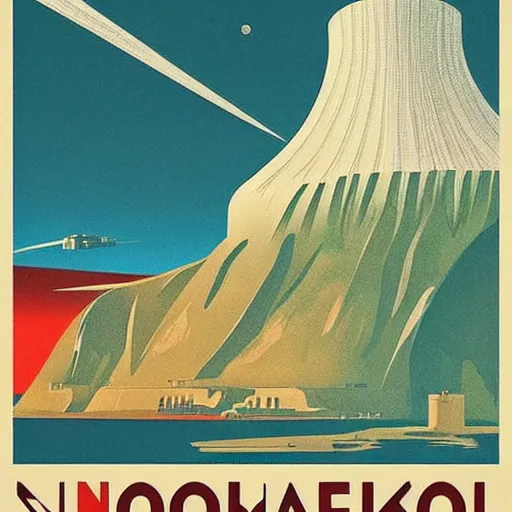 Image similar to a vintage travel poster for Onkalo Deep Geological Repository for Spent Nuclear Fuel, retro, art deco, minimal, colourful, tourism, etsy, artstation