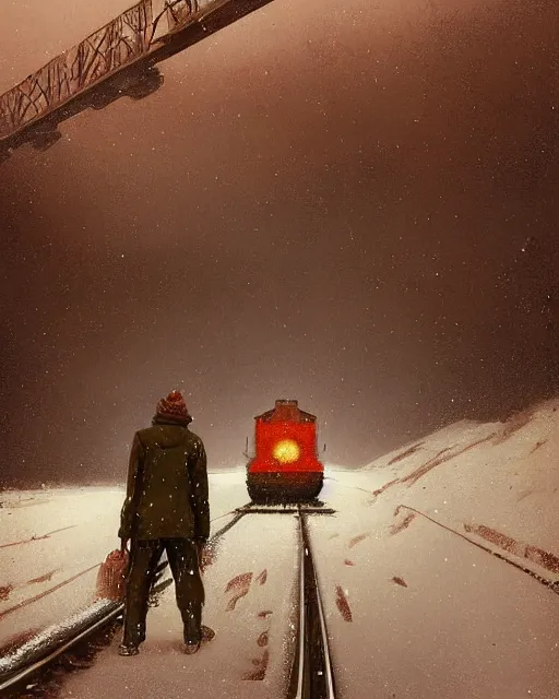 Image similar to a highly detailed epic cinematic concept art CG render digital painting artwork: Railroad in snowy landscape of Siberia and worker in orange west. By Greg Rutkowski, in the style of Francis Bacon and Syd Mead and Norman Rockwell and Beksinski, open ceiling, highly detailed, painted by Francis Bacon and Edward Hopper, painted by James Gilleard, surrealism, airbrush, Ilya Kuvshinov, WLOP, Stanley Artgerm, very coherent, triadic color scheme, art by Takato Yamamoto and James Jean