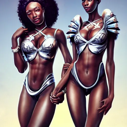 Image similar to beautiful Zulu goddesses holding hands, focused, worried, highly detailed, artstation, concept art, sharp, illustration, art by artgerm and beeply