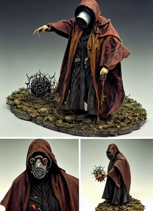 Prompt: old necromancer, wearing a wizard cloak, gas mask, by ellen jewett, hyper detailed, intricate, complex, 8 k, crisp,