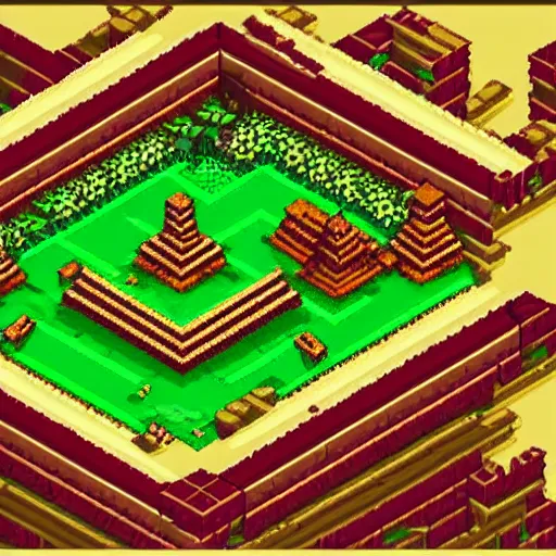 Prompt: a pixelart scene of an isometric jungle temple