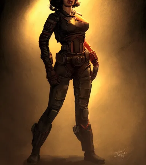 Image similar to fallout 5, concept art brunette female enclave officer portrait, concept art, comicstyle, atmospheric lighting, painted, intricate, volumetric lighting, beautiful, rich deep colors masterpiece, sharp focus, ultra detailed by jack kirby, ignacio fernandez rios, thierry doizon