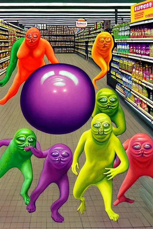 Image similar to a hyperrealistic painting of transparent blob creatures chasing people at the supermarket, by chris cunningham and richard corben, highly detailed, vivid color,