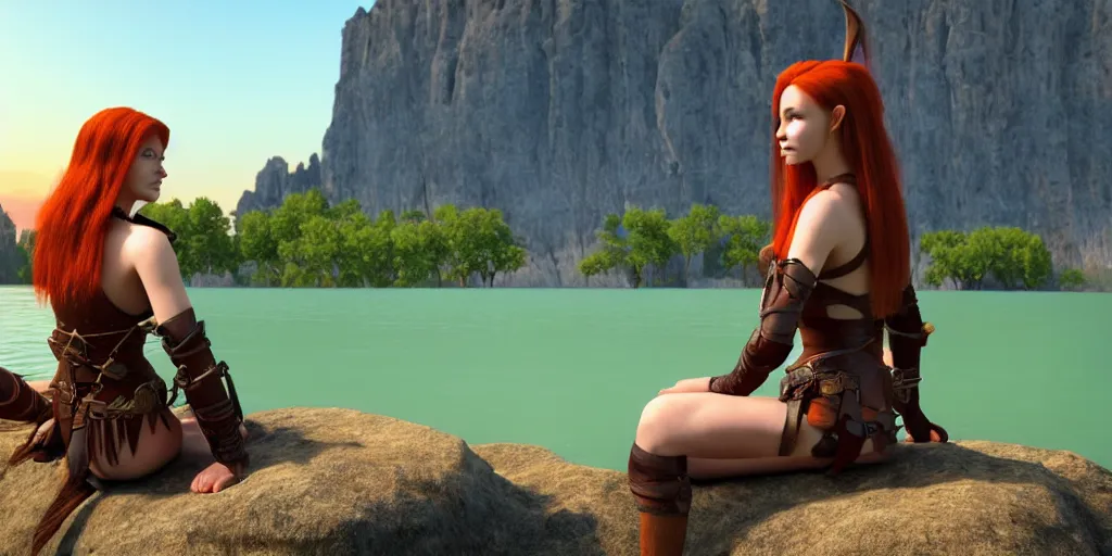 Image similar to beautiful female redhead elf warrior wearing tanned leather and a longbow and quiver on her back, sitting next to a beautiful lake at sunset, enjoying the wind, looking at the water. 8 k ultra realistic, award winning, unreal engine 5, masterpiece, atmosphere glow, hyperrealistic, focused, extreme details, cinematic