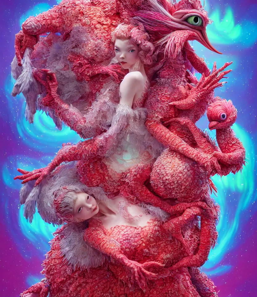 Image similar to hyper detailed 3d render like a Oil painting - kawaii portrait of two Aurora (a beautiful girl skeksis muppet fae princess protective playful expressive acrobatic from dark crystal that looks like Anya Taylor-Joy) seen red carpet photoshoot in UVIVF posing in scaly dress to Eat of the Strangling network of yellowcake aerochrome and milky Fruit and His delicate Hands hold of gossamer polyp blossoms bring iridescent fungal flowers whose spores black the foolish stars by Jacek Yerka, Ilya Kuvshinov, Mariusz Lewandowski, Houdini algorithmic generative render, golen ratio, Abstract brush strokes, Masterpiece, Edward Hopper and James Gilleard, Zdzislaw Beksinski, Mark Ryden, Wolfgang Lettl, hints of Yayoi Kasuma and Dr. Seuss, Grant Wood, octane render, 8k