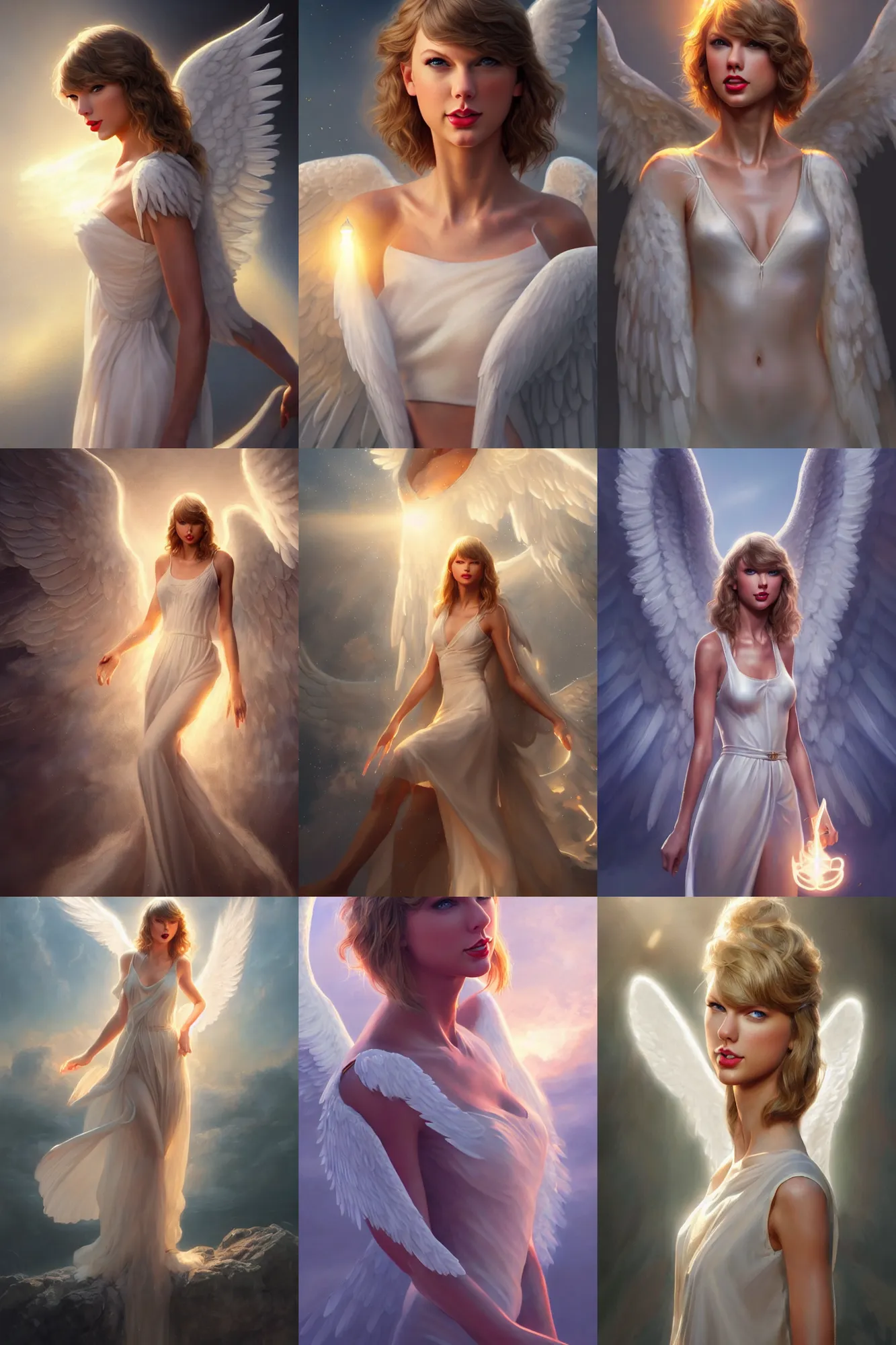 Prompt: taylor swift as a heavenly angel, bathing in light, highly detailed, photorealistic, artstation, smooth, sharp focus, illustration, unreal engine 5, 8 k, art by art by artgerm and greg rutkowski and edgar maxence