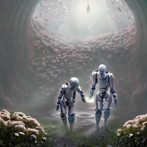 Prompt: intricate bio - robot human organs intertwined with white bio - robot flowers, intricate environment, matte painting, cinematic, epic composition, highly detailed, atmospheric, wide angle, artstation trending