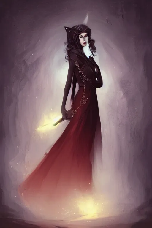 Prompt: tarot, beautiful wicked female occultist, sweeping ombre blonde hair, red eyes, high cheekbones, Victorian, black velvet dress, dark colors, magic Amulet, raven, fantasy painting, trending in Artstation, GSociety, by Charlie Bowater, Brom, Bastien Lecouffe-Deharme
