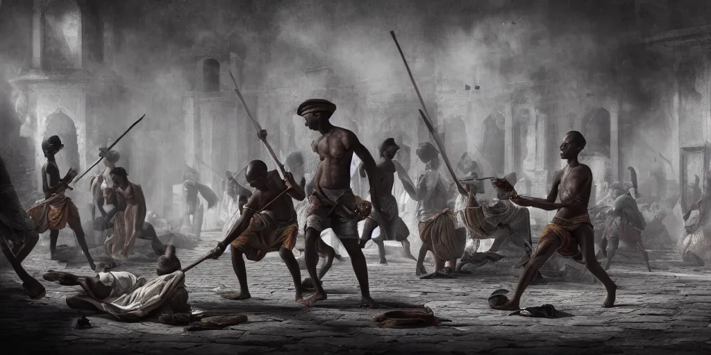 Image similar to Editorial photographs of east india company slave trade natives of Arrakan, octane render, Dslr, canon 24mm, hyper realism, award winning masterpiece with incredible details, cinematic lighting, ray tracing, micro details, 8k