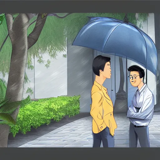 Image similar to One rainy day, a burly asian detective and a young asian male scientist were talking in front of a villa seriously. digital art,trending on artstation.