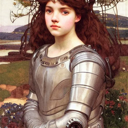 Image similar to a realistic face portrait of a teenage girl who looks like Uma Thurmond and Anya Taylor Joy with an anxious expression and parted lips, wearing mechanical robotic battle armor, by John William Waterhouse, Frederic Leighton, Alphonse Mucha, Edward Burne Jones