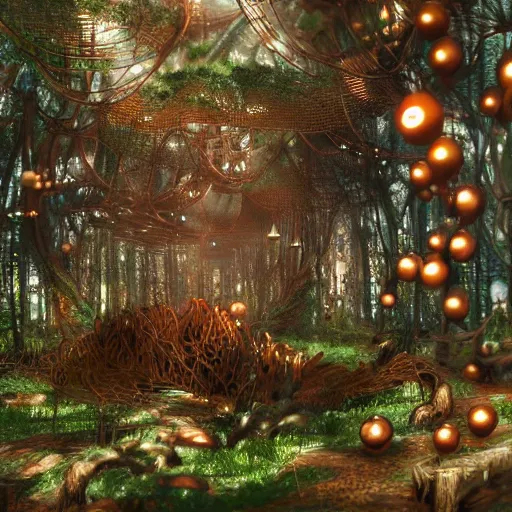 Prompt: a steampunk forest made out of copper pipes and metal, extremely detailed, steam, anime, studio ghibli, cyberpunk, copper, steam, particles, lush,