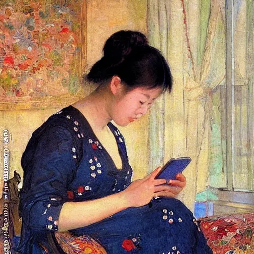 Image similar to portrait of asian beautiful woman reading from smartphone masterpiece painting by vasnetsov and surikov, JEAN-VICTOR BERTIN, by Terence Cuneo, detailed, t artfully traced