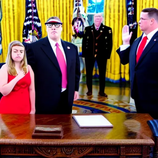 Prompt: peter griffin being sworn into the white house, realistic, beautiful composition, sharp focus, sharp focus