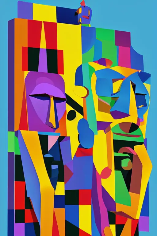 Image similar to cubist moai statue cutout digital illustration cartoon colorful beeple