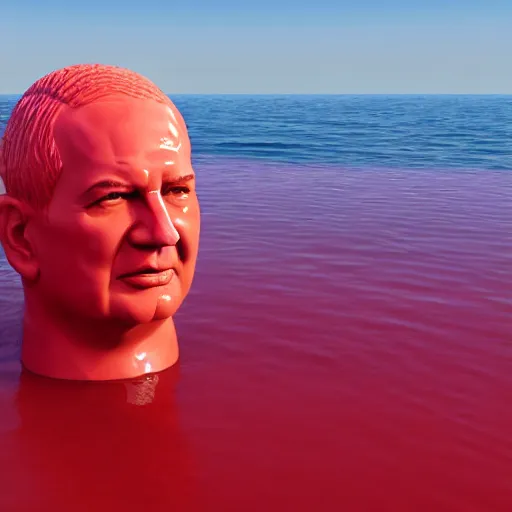 Image similar to a giant human head sculpture in the sea made out of juicy and transparent red jelly, looking like benjamin netanyahu, long shot, hyper detailed, hyper realistic, ray tracing, 8 k resolution, sharp focus, realistic water, award winning