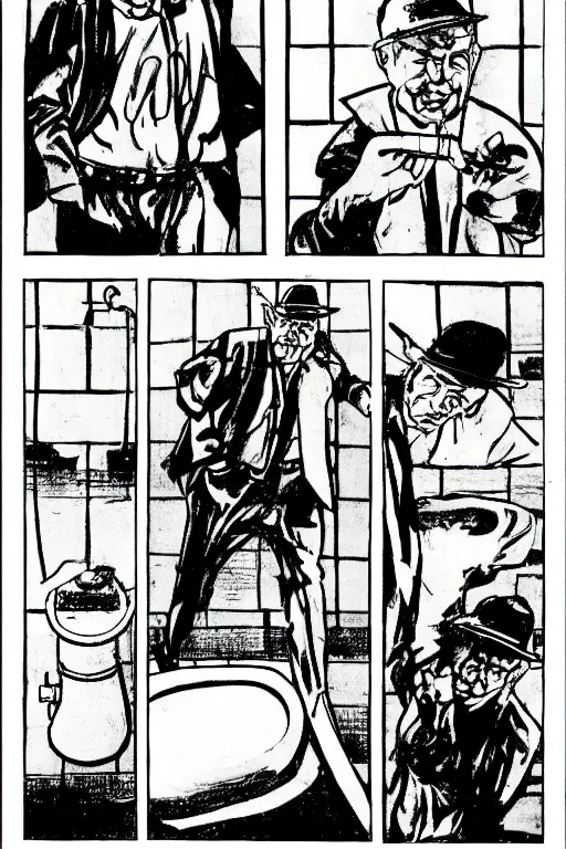 Prompt: An old man in his 80’s with a cane falls on the floor in a toilet, Diwani calligrapher using bamboo pen, cinematic lighting, rule of thirds, comic by Dave Gibbons