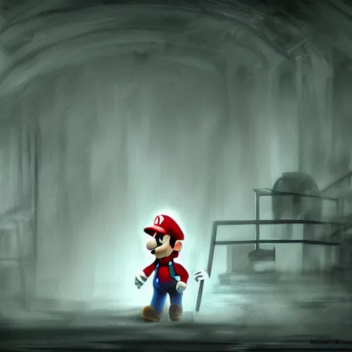 Image similar to concept art of mario from super mario bros lost in silent hill, resident evil, horror, occult, terror, mist, volumetric render, digital painting, detailed painting