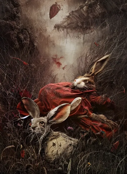 Prompt: the march hare, highly detailed, cinematic, 8 k, by megan duncanson, benjamin lacombe, adrian borda, stanley artgermm, tom bagshaw, craig mullins, carne griffiths, ayami kojima, beksinski, giger, trending on deviantart, hyper detailed, horror, full of colour