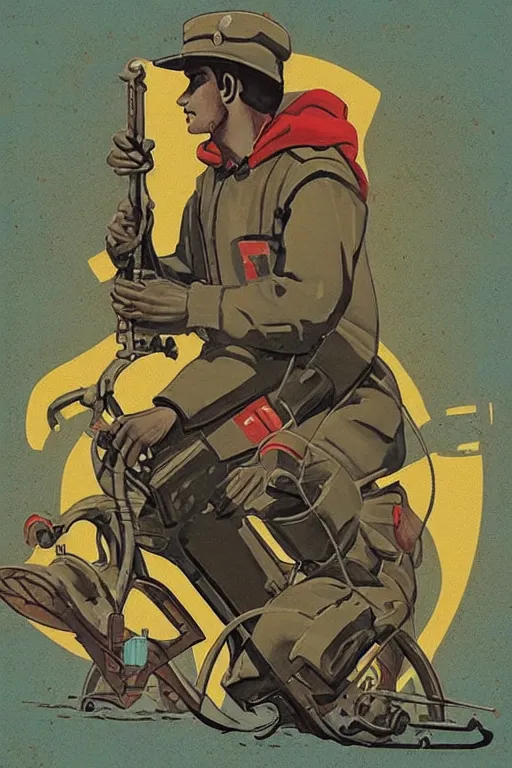 Prompt: “A metal detectorist in a Soviet propaganda poster, in the style of Dmitry Moor”