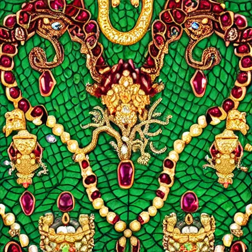 Prompt: landscape of the jeweled serpents, emerald gemmed leaves, chains of vines and blossoming rubies, golden lilies adorning jade bushes. garnet and gold pomegranates, jeweled fruit with diamonds and pearls. Open sky countryside jeweled forest