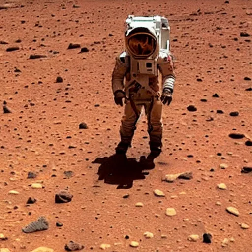 Prompt: the first image of human walking on mars