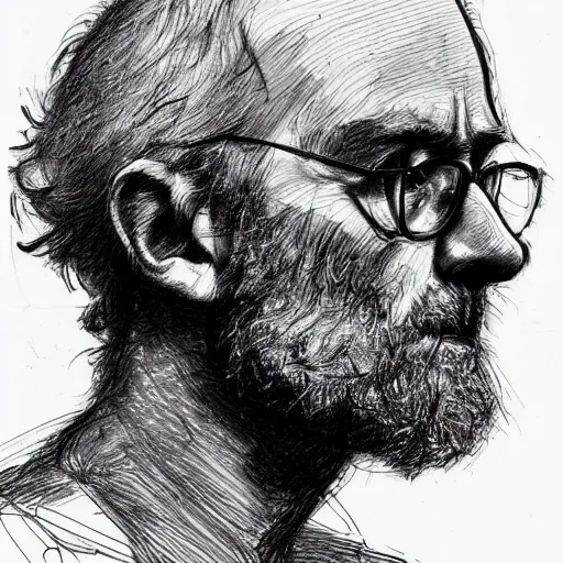 Prompt: a realistic yet scraggly portrait sketch of the side profile of a stern and sophisticated young michael stipe, trending on artstation, intricate details, in the style of frank auerbach, in the style of sergio aragones, in the style of martin ansin, in the style of david aja, in the style of mattias adolfsson