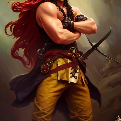 Prompt: full body shot of male pirate, D&D, handsome, amber eyes, muscular, fantasy, intricate, long hair, red hair, elegant, highly detailed, digital painting, artstation, concept art, smooth, sharp focus, illustration, art by artgerm and greg rutkowski and alphonse mucha