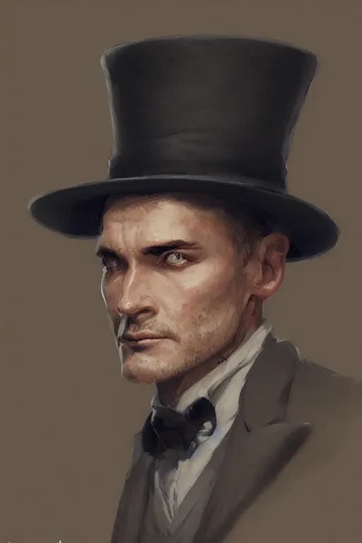 Image similar to a halfling grey hair with stubble top hat and suit by Greg Rutkowski, painting, portrait, high details, trending on artstation