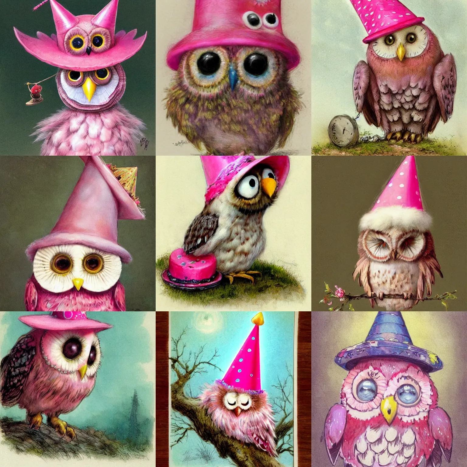 Prompt: ( ( ( shy guy ) ) ) by jean baptiste monge!!!! pink birthday owl in a party hat