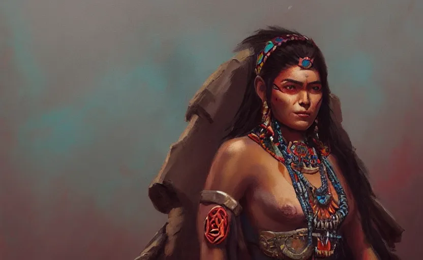 Prompt: A painting of a Aztec Woman trending on artstation in the style of Greg Rutkowski