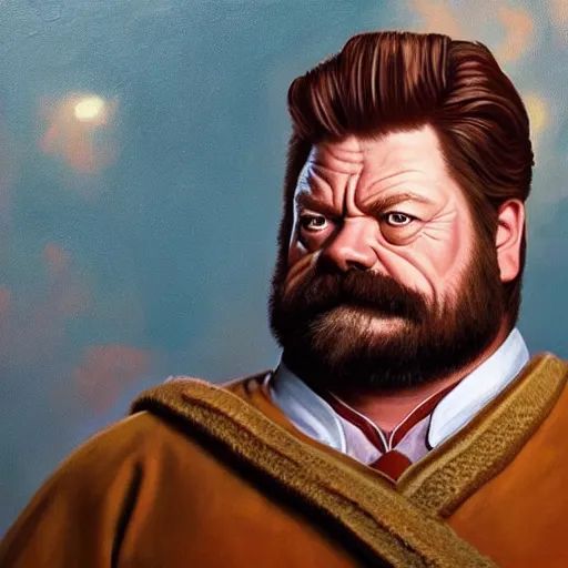 Image similar to a hyperrealistic painting of a dwarven cleric that looks like ron swanson looking stoicly to the right, golden hour, alex ross