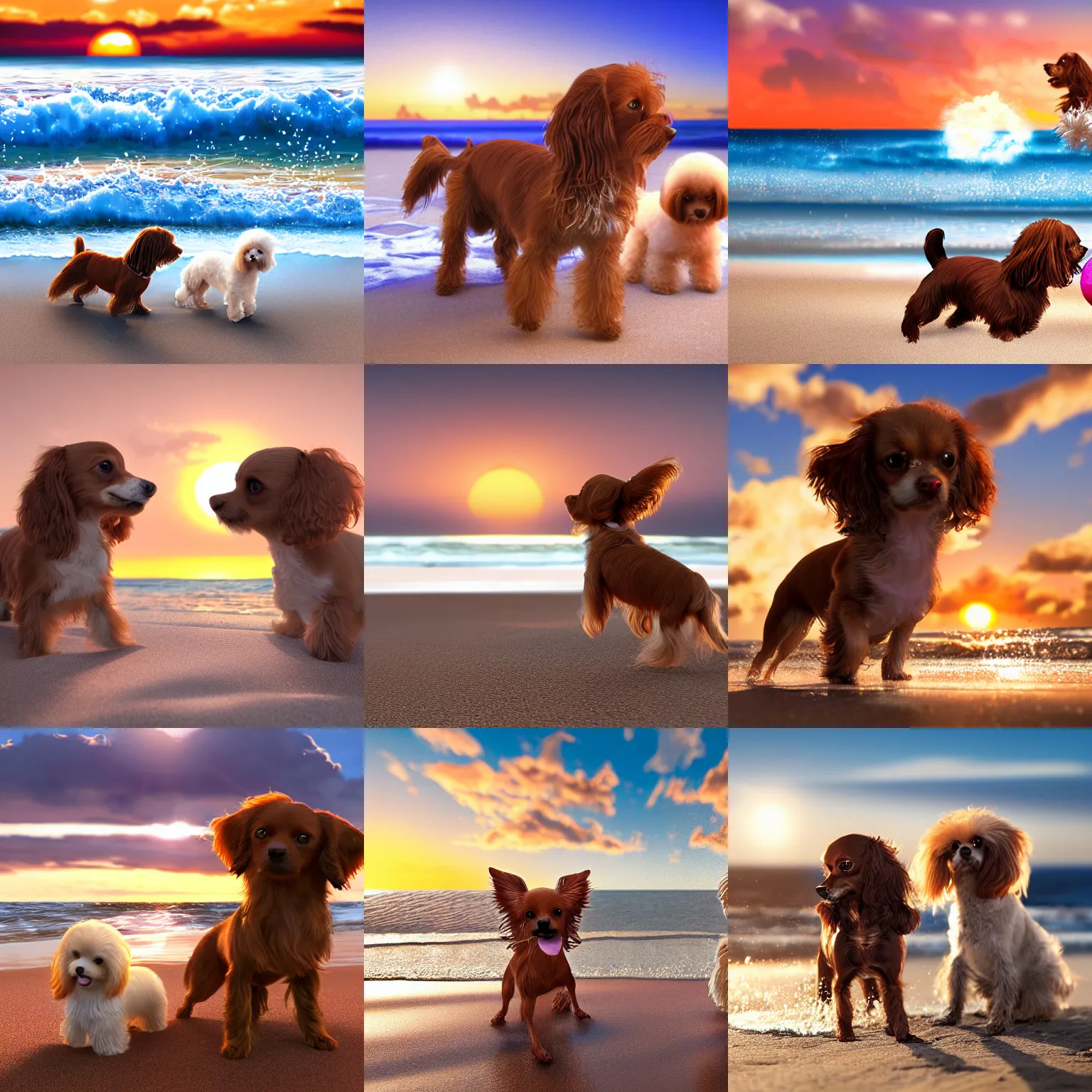 Prompt: a photorealistic closeup image of a cute brown colored long haired chihuahua cocker spaniel dog plays with a happy white bichon frise puppy on the beach. sunset, surf, brightly lit scene. extreme detail. nice composition. 4 k hd unreal engine