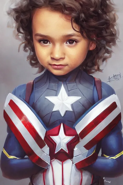 Image similar to a little girl with a michievous face and light brown curly wavy hair. she is dressed as captain america, spider - man, batman, captain marvel, a superhero. clean elegant painting, beautiful detailed face. by artgerm and greg rutkowski