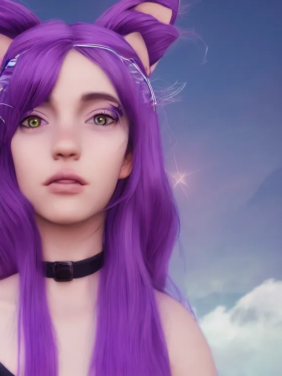 Image similar to A young adult with purple hair and cat ears floating on a cloud ultra realistic , lens flare, atmosphere, glow, detailed, intricate, full of colour, cinematic lighting, trending on artstation, 4k, hyperrealistic, focused, extreme details, unreal engine 5, cinematic, masterpiece