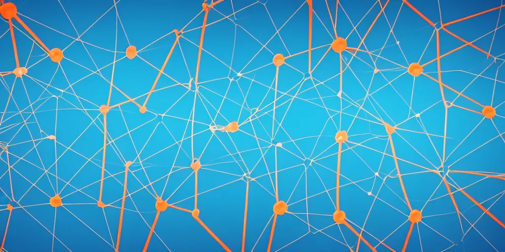 Prompt: Nodes connected to a cloud in the middle, network pattern at the background. Minimalistic design, contemporary design, abstract design. Parallax. Blue, cyan and orange palette. Vivid, 8K, Epic, Masterpiece