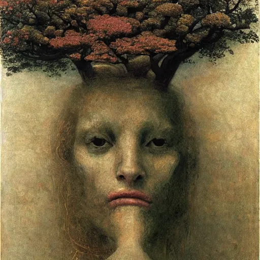 Image similar to flowering tree with extensive root system and trunk is a beautiful woman's head, by Odd Nerdrum, by Francisco Goya, by M.C. Escher, beautiful, eerie, surreal, colorful