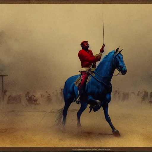 Prompt: a photo of a man riding a horse in the middle of the george floyd riots, dark, blue, red, white, cinematic lighting, by alan lee, intricate, grim, digital art, trending on artstation