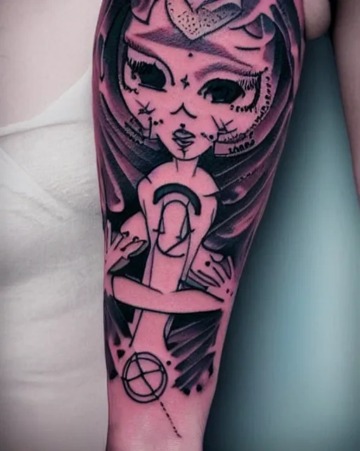 Image similar to “a beautiful tattoo design with a vaporwave theme featuring a ghostly female face, an alchemical symbol, winamp ui and tiny kawaii stars. fine line tattoo design with white background.”