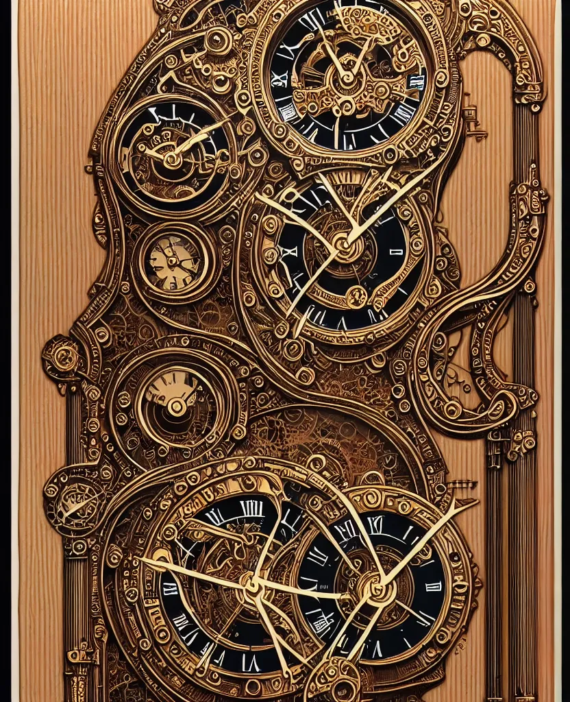 Image similar to ornate steampunk grandfather clock, high details, intricately detailed, by vincent di fate, inking, 3 color screen print, masterpiece, trending on artstation,, sharp, details, hyper - detailed, hd, 4 k, 8 k