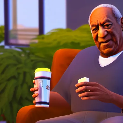 Prompt: bill cosby holding a drink in the sims 4, movie still, cinematic lighting, dramatic, octane render, long lens, shallow depth of field, bokeh, anamorphic lens flare, 8 k, hyper detailed, 3 5 mm film grain